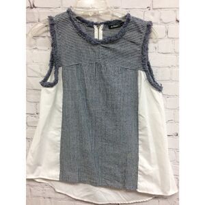 De Chance Women's White & Blue Sleeveless fringe trim Blouse Top Large zip back